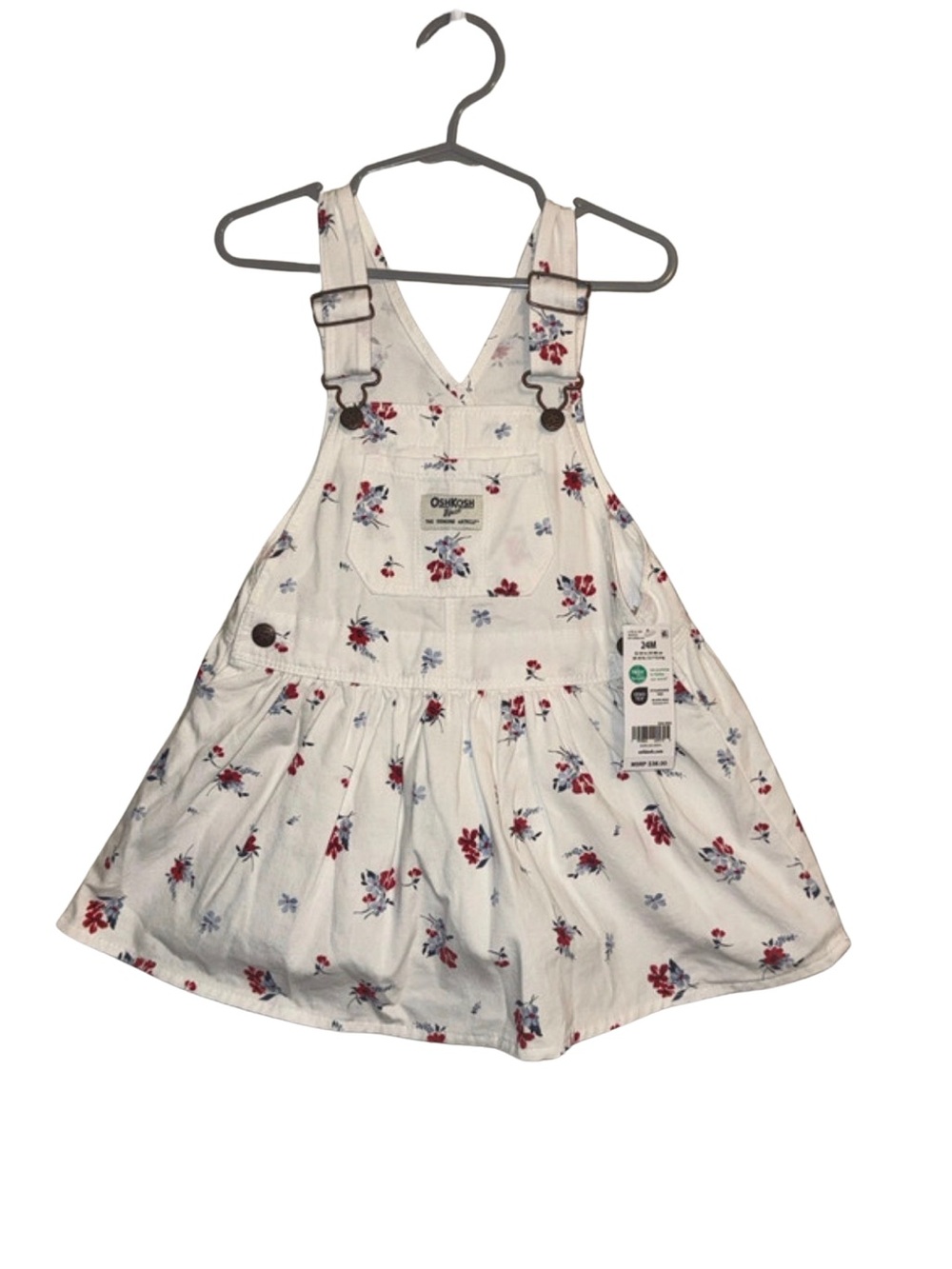 OshKosh B'gosh White  red and blue Floral Overall Pinafore Size 24M NWT